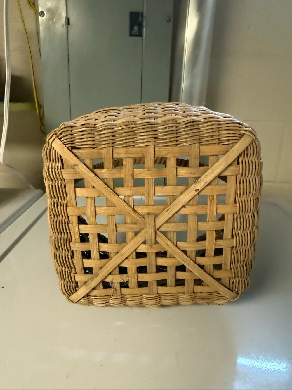 Vintage Hand Woven Basket with Blue Accents Rustic Country Farmhouse